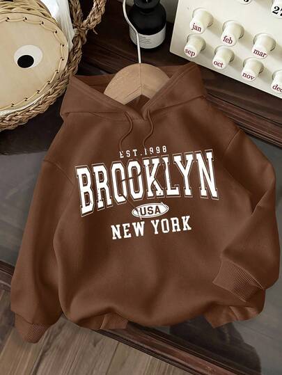 SHEIN EZwear Lässiger minimalistischer "NEW YORK BROOKLYN" Grafik Hoodie, weite Passform dickes Sweatshirt für Frauen, geeignet für Herbst/Winter
