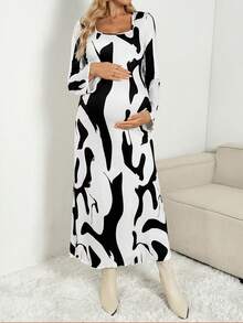 SHEIN 孕妇时尚通勤拼色印花连衣裙 - 黑與白 - 查看 3