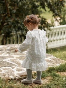 Vintaside Kids 1 件纯色刺绣编织花卉装饰套头衫休闲舒适长袖婴儿/幼儿女孩连衣裙