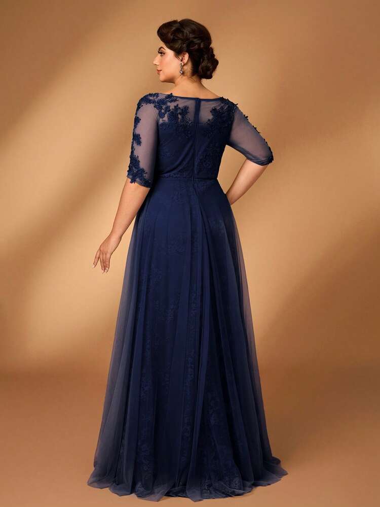 Serin Vestido elegante y romántico de talla grande con cuello redondo, manga 3/4, encaje, contraste de malla, dobladillo en línea A, aplicaciones de lujo, adecuado para fiesta de noche, cita, baile, fiesta de solteros, festival de música, vacaciones, boda, vestido de madre de la novia, Día de San Valentín - Azul Marino - Añade 2