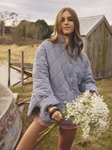 Aralina 女士格子单排扣落肩长袖双口袋休闲冬装外套 - 黑與白 - 查看 5