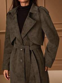 Lilora 女式复古高端简约羊毛混纺风衣，冬季收腰中长款羊毛大衣 - 棕色 - 查看 9