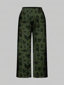 ROMWE Gothic Insect, Bat, Poison Print Plus Size Sleeveless Top And Pants Pajama Set, Casual Loungewear - Army Green - View 5