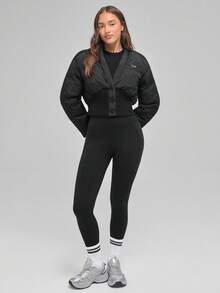 Menodora SHEIN Sport Women's Short Padded Coat, Ribbed Knit Waistline, Button Front, Slim Fit, Lightweight & Warm, Modern Stylish Design, Suitable For Autumn/Winter - Black - View 3