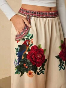 SHEIN VCAY Pantalon large à taille contrastée et imprimé floral pour femmes grandes tailles, confortable pour l'automne et l'hiver, idéal pour la plage - Multicolore - Voir 7