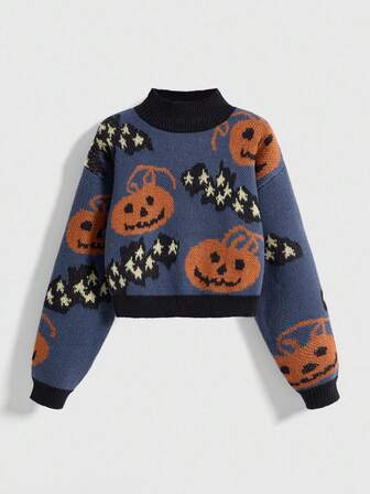 Fairycore Jersey de cuello alto de punto jacquard con calabaza y murciélago para mujer