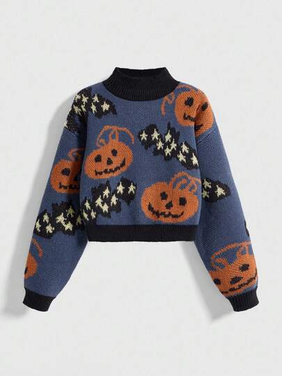 Fairycore Jersey de cuello alto de punto jacquard con calabaza y murciélago para mujer