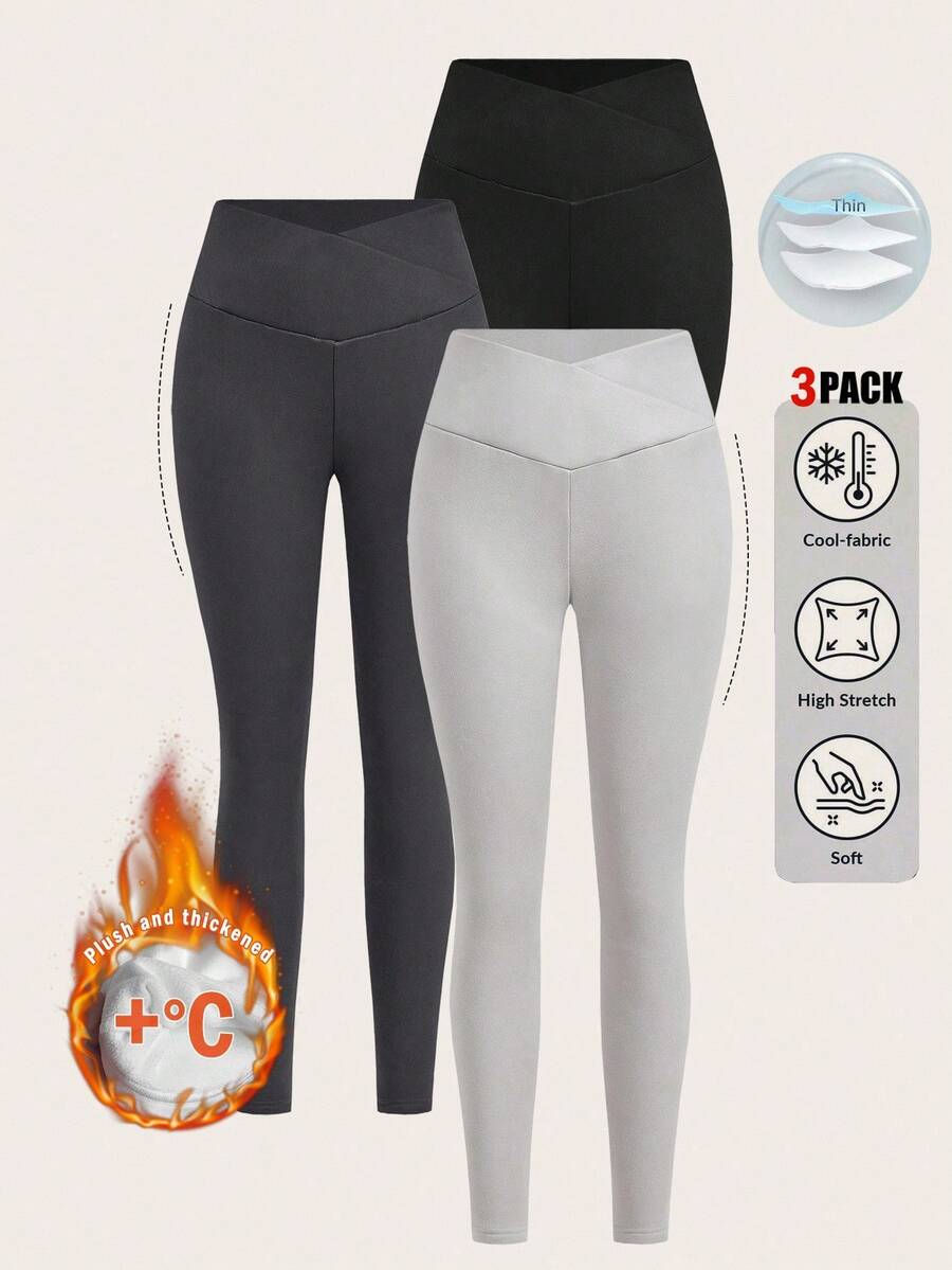SHEIN EZwear 3 Stücke Damen Leggings mit Kreuzgurt in der Taille, Lässig, figurbetonend, thermisch gefüttert, geeignet für Herbst/Winter - Verschiedenfarbig - Übersicht 1
