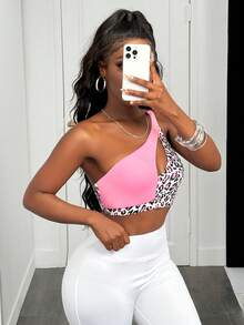 Slaydiva 女士豹纹镂空不对称领口无钢圈运动文胸 - 彩色 - 查看 3