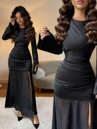 Rafferiza Elegant chiffongklänning med rynkor och långärmad passform, hög slits, glansig finish, svart färg för vinterfester.