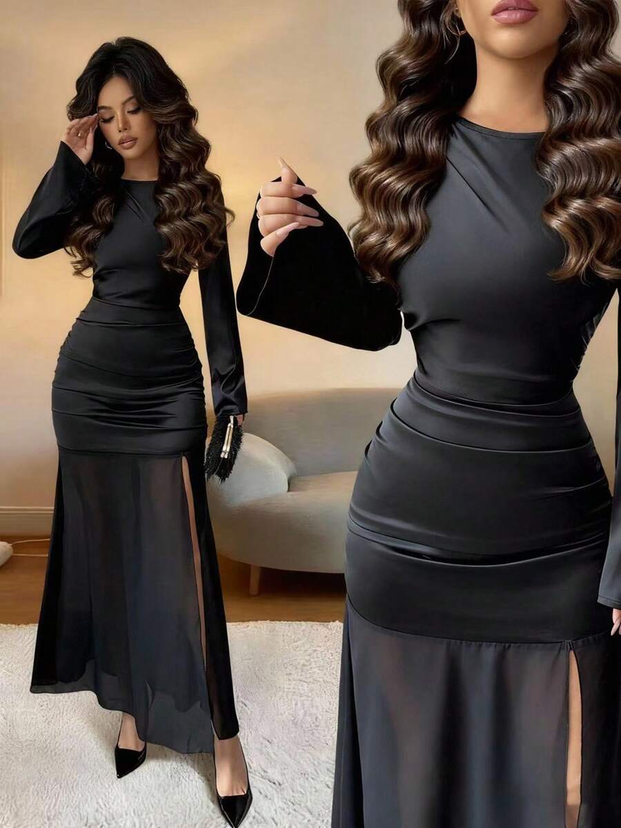 Rafferiza Damen elegantes Chiffon-Kleid mit Rüschen, Schlitz und langen Ärmeln, glänzende Oberfläche, schwarze Farbe für Winterpartys