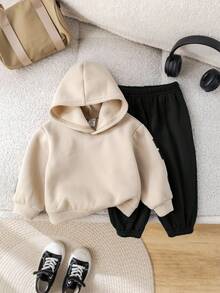 SHEIN 2 件套男婴可爱百搭字母图案连帽衫 + 绿色慢跑裤套装，男女通用秋冬婴儿服装 - 黑色 - 查看 6