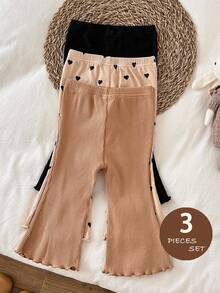 LMoss Kids 3件套女婴针织纯色心形图案连体衣和喇叭裤套装