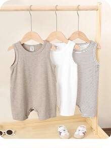 SHEIN 3pcs/Set Newborn Baby Solid Color Knitted Soft Crew Neck Sleeveless Romper Set, For Boys & Girls