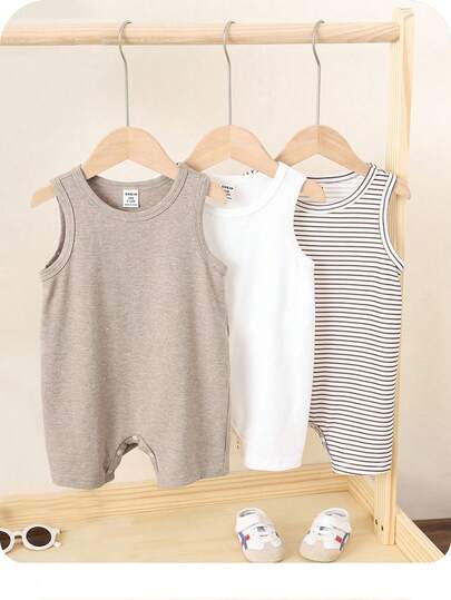 SHEIN 3 st/set Nyfödd Baby Enfärgad Stickad Mjuk Rund Hals Ärmlös Romper Set, För Pojkar & Flickor