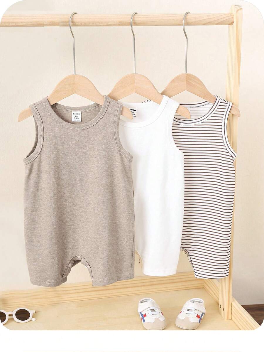 SHEIN 3pcs/Set Newborn Baby Solid Color Knitted Soft Crew Neck Sleeveless Romper Set, For Boys & Girls