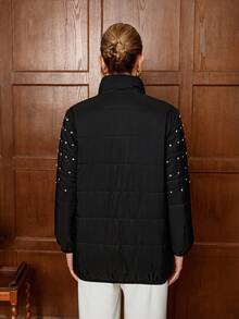 SHEIN LUNE 女式休闲纯色肩部设计水钻装饰高领长袖棉服外套，秋冬 - 黑色 - 查看 2