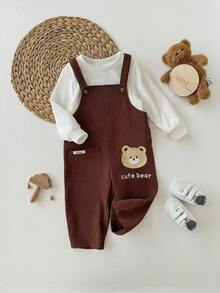 男婴可爱休闲百搭针织长袖上衣和卡通图案围兜裤套装 - 白色 - 查看 8