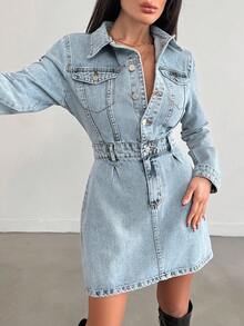 EURMUSE Women's Long Sleeve Cinched Waist MINI DRESS BLUE STYLE CASUAL - Medium Wash - View 5