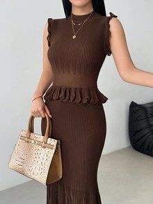 Modelyn 2件套优雅淑女风无袖针织背心和长款百褶裙套装 - 咖啡棕 - 查看 4