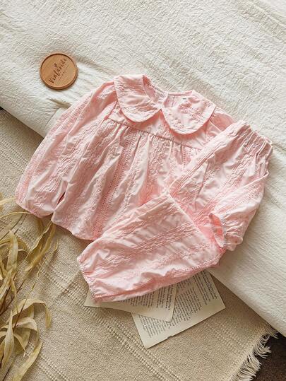 Vintaside Kids 2pcs/Set Toddler Girls' Casual Solid Color Jacquard Fabric Collared Long Sleeve Top And Pants Set, Suitable For Spring/Autumn, Daily Wear Fall Winter