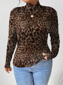 SHEIN Frenchy Tricou la modă cu guler înalt, cu imprimeu retro leopard, mărime mare - Multicolor - Vizualizare 7