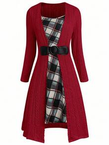 Plus Size Plaid Print 2 In 1 Fitted Long Sleeve Dress - Red - View 1
