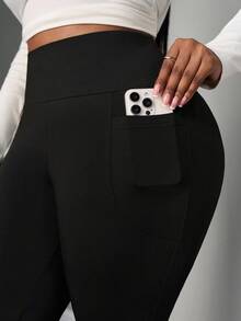 SHEIN PETITE CURVE 大码女装秋冬返校休闲家居瑜伽舒适户外纯黑色针织弹力腰高腰口袋喇叭裤，带口袋的打底裤，大码喇叭裤，大码阔腿裤，大码喇叭裤，春季，优雅，休闲，黑色裤子 - 黑色 - 查看 8