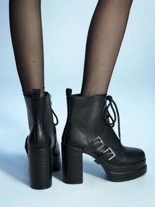 Sugerpunk 女士户外方头高跟靴，PU 模压鞋底，黑色面料和 PU 组合材质，时尚舒适，适合日常穿着和派对，系带设计 - 黑色 - 查看 5