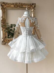 Lovelzi Elegant Luxurious Beige Sheer Long Sleeve Handmade Applique Sexy Open Back Lace Embroidery Patchwork Pleated A-Line Princess Dress With Adjustable Tie Back, Bridal Gift Occasion Gown