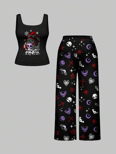 Plus Size Gothic Christmas Cat Candy Cane Skull Cross Deer Eyeball Spider Web Moon Full Print Tank Top And Pants Pajama Set, Casual Sleepwear