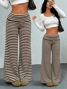 SHEIN PETITE 女士休闲条纹翻边高腰阔腿裤，秋冬保暖针织裤 - 咖啡棕 - 查看 1