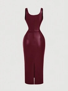 SHEIN MOD 女士优雅酒红色无袖修身PU连衣裙，优雅连衣裙，方领连衣裙，晚宴礼服