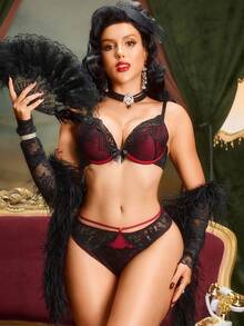 PinupPomp Áo ngực đệm gọng cổ điển có khả năng nâng đỡ cao, ôm sát và nâng đỡ, dáng cúp bất đối xứng, ren vá, màu tương phản, trong suốt, áo ngực lót nữ phong cách lãng mạn cổ điển - Màu Đỏ Sâu - Xem 4