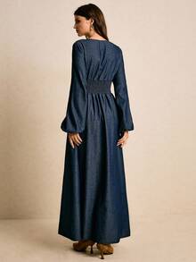 Poéselle Vestido jeans longo extra longo com manga lanterna retrô feminino, vestido ocidental, vestido longo de manga comprida para mulheres, vestido longo jeans para mulheres, vestido jeans de manga comprida para mulheres, vestido longo casual para mulheres - Lavagem escura - Ver 2