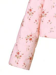 Tween Girl Floral Print Zip-Up Stand Collar Padded Coat, Winter - Multicolor - View 4