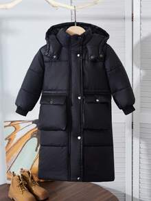 Genkimix Kids 年轻女孩冬季休闲日常通勤简约纯色翻盖口袋连帽长款棉服外套 - 黑色 - 查看 1