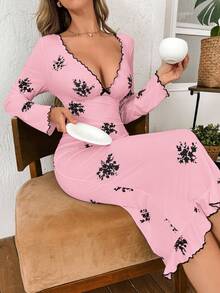 SHEIN Váy ngủ dài tay họa tiết hoa sọc cổ chữ V viền bèo nhún trang trí nơ cho nữ, mùa đông - Hồng - Xem 6