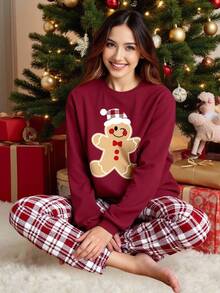 Dwuczęściowy świąteczny komplet piżamowy dla nastolatek, bluzka z nadrukiem pierników, z długim rękawem i okrągłym dekoltem oraz luźne spodnie w kratę, świąteczny strój w czerwoną kratę - Burgund - Zobacz 1