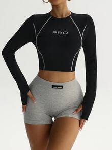 Dewbera Camiseta deportiva de manga larga y cuello redondo corta con estampado de letras y ribete de contraste - Negro - Ver 5