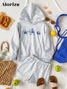 Tween Girl Starfish Print Long Sleeve Hoodie And Shorts Casual Outfit, Autumn - Light Grey - View 3