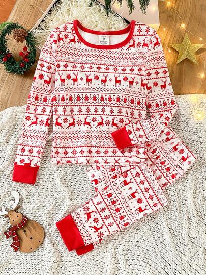 Girls' Snug Fit Christmas Pajama Set, Thin Thermal Reindeer & Christmas Tree Print Casual Crew Neck Long Sleeve Top And Pants, Matching Family Outfit Christmas Pijamas For Girl And Boy Red
