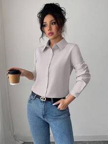 Elenzga 女式纯色长袖单排扣休闲/工作衬衫 - 淺灰色 - 查看 3