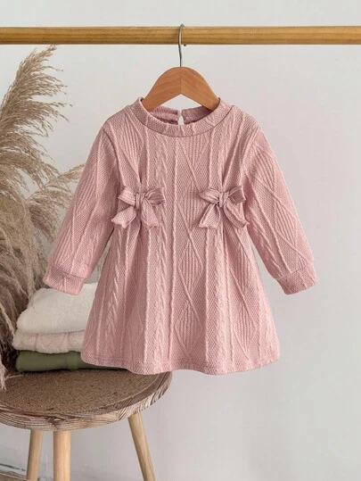 SHEIN Baby Girl Round Neck Long Sleeve Bow Decor Casual Loose Dress Fall Winter