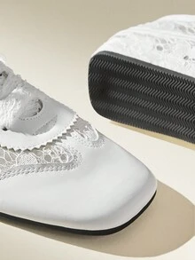 CUCCOO EASI Fashionable Elegant Commuting Casual Lace Patchwork Lace-Up Flat Shoes - White - View 8