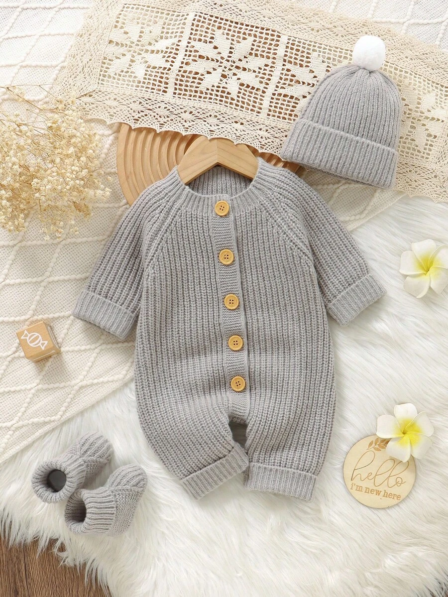 SHEIN 3件套！婴儿毛衣连体衣+新生儿鞋+可爱帽子，简约休闲风格，轻松打造别致的婴儿装，方便又轻松 - 灰色 - 查看 1