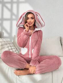 Heart Pattern 3D Ear Design Hooded Flannel Cozy Sleep Jumpsuit, For Fall Winter, Fluffy - Pink - View 4