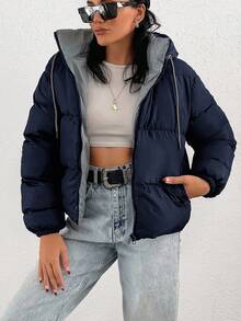 SHEIN Áo khoác hoodie ngắn dày có túi cho nữ mùa đông - Màu xanh hải quân - Xem 3