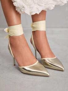 CUCCOO SZL Women's Fashion Pointed Toe Black Satin Ribbed Ribbon Tie Up Ankle Strap Suitable For Evening Party, Wedding, Stiletto High Heel Shoes - Gold - View 9