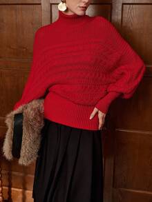 SHEIN LUNE Jersey elegante para mujer, hecho de lana suave, con cuello alto y silueta de murciélago, adecuado para fiestas de Navidad, ir al trabajo, otoño/invierno - Rojo - Ver 3